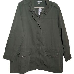CJ Banks 2x Olive Green Denim Utility Jacket With Stud Accent Cinch Waist Tie